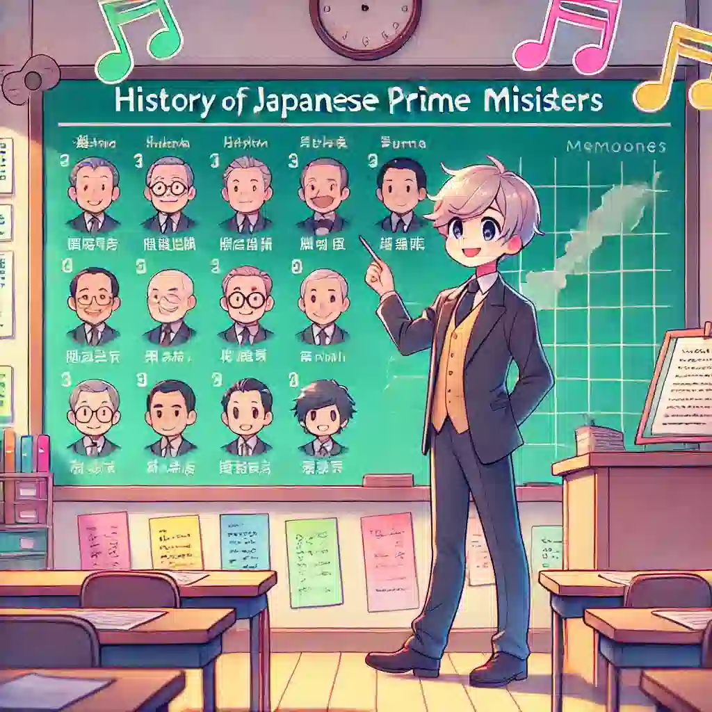 ブログタイトル「【歴代総理大臣の覚え方】歌と語呂合わせで楽しく学ぶ」に基づいて作成したアニメ風のイメージ画像です