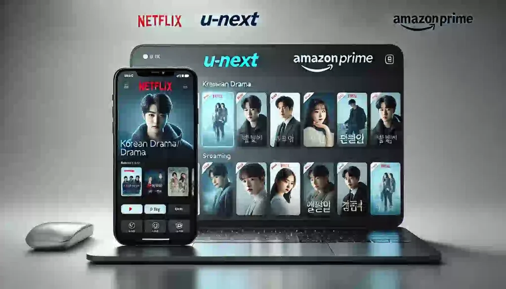 韓国ドラマの視聴が可能なNetflix、U-NEXT、Amazon Primeのロゴが表示されたスマホとPCの画面