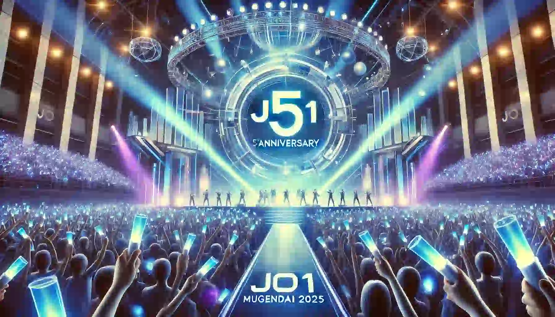 JO1デビュー5周年記念のワールドツアーを祝う、鮮やかなコンサートステージと熱狂するファンのイメージ