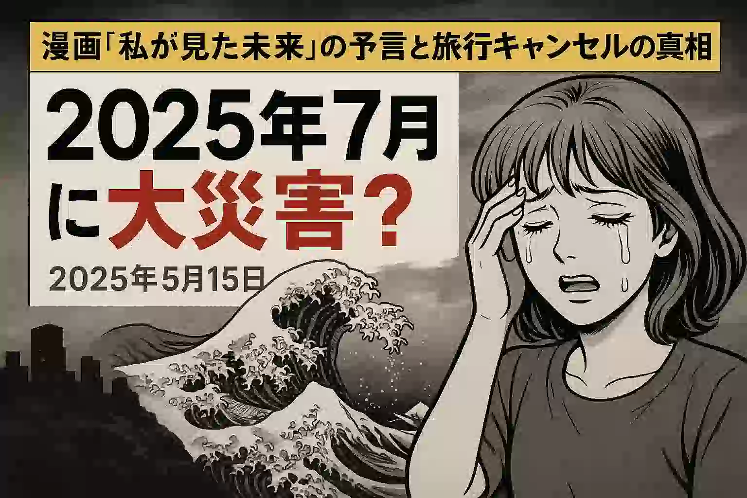 「2025年7月に大災害？」と書かれた見出しと涙を流す女性、津波を想起させる浮世絵風の波が描かれた記事アイキャッチ画像