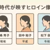 「二十四の瞳」の歴代ヒロイン（昭和・平成・令和）のイラスト比較。高峰秀子、田中裕子、松下奈緒の横顔シルエットを年代順に並べたインフォグラフィック。