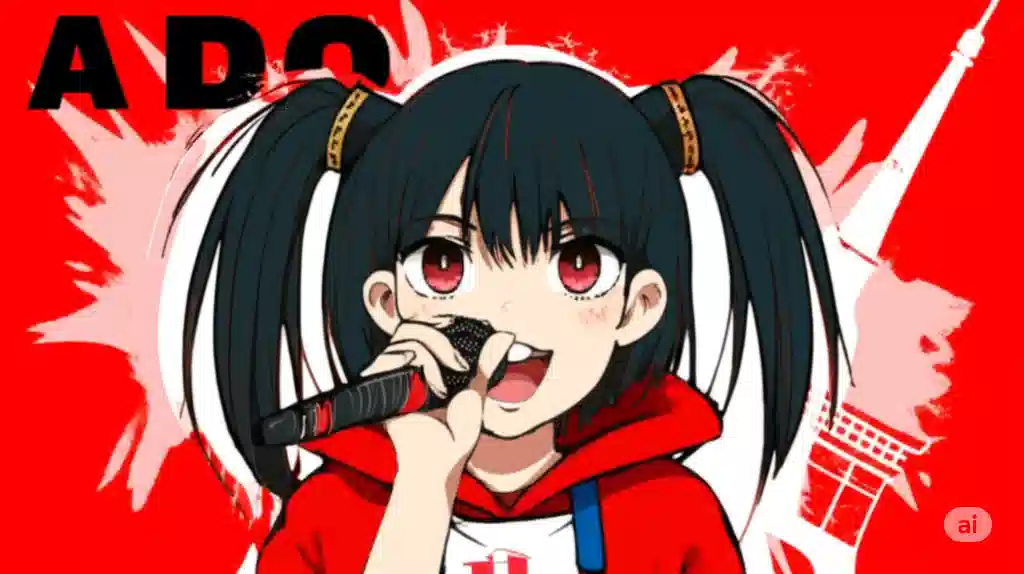 アニメ風イラスト。中央にカタカナで力強く「Ado」と描かれ、背景にはエッフェル塔と東京タワー、ライブ会場のような光と歓声のエフェクトがある。