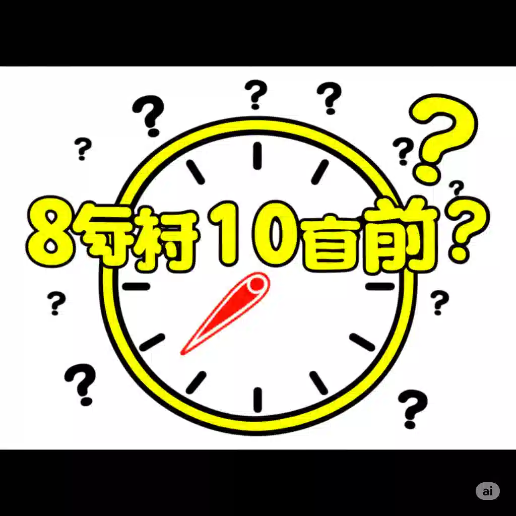 アニメ風イラスト。「8時10分前」という文字が大きく表示され、周囲に疑問符が飛び交っている。背景にはポップな色合いと、8時を指す少し前の時計が描かれている。
