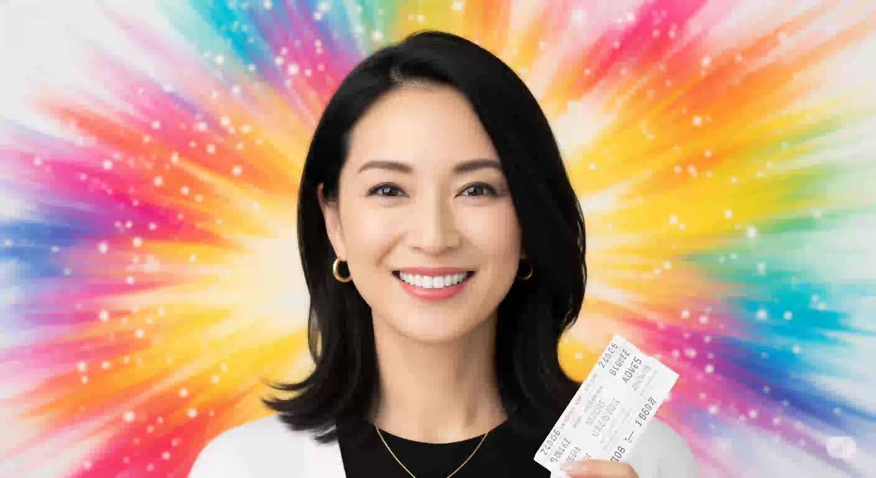 推し活を楽しみ、自信に満ちた笑顔でこちらを見つめる独身女性。背景の輝く色は、彼女の充実した人生を象徴しており、「推し活して何が悪い？」という記事のテーマを表すアイキャッチ画像。