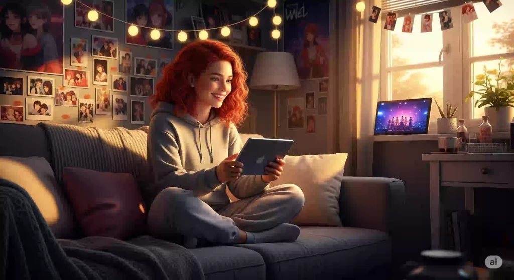 推しのグッズに囲まれた自室で、タブレットを見ながら幸せそうに微笑む女性。自分の「好き」に時間を使う充実したひとときを表現している。