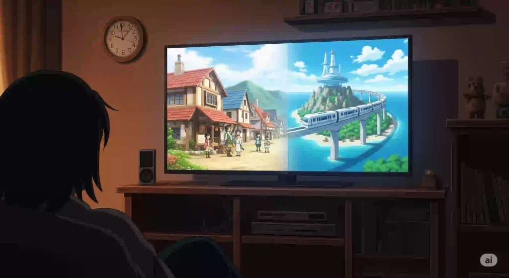 部屋でテレビを見る視聴者。画面には鉄腕DASHの過去と現在が映し出され、番組の歴史を振り返っている様子のアニメ風イラスト。
