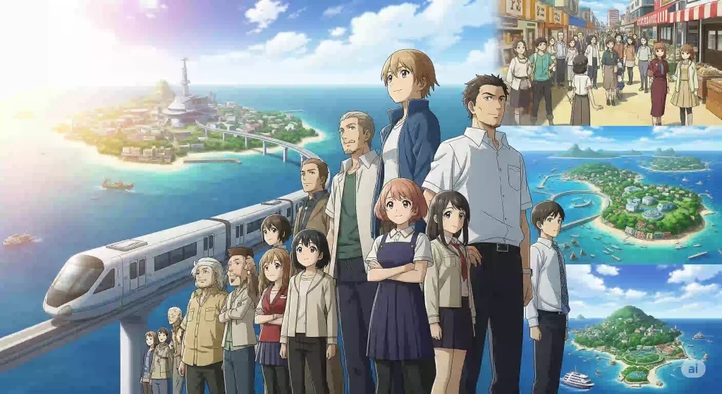 鉄腕DASHの多様性と未来への期待をテーマにしたアニメ風イラスト。新旧メンバーが希望に満ちた表情で未来を見つめている。