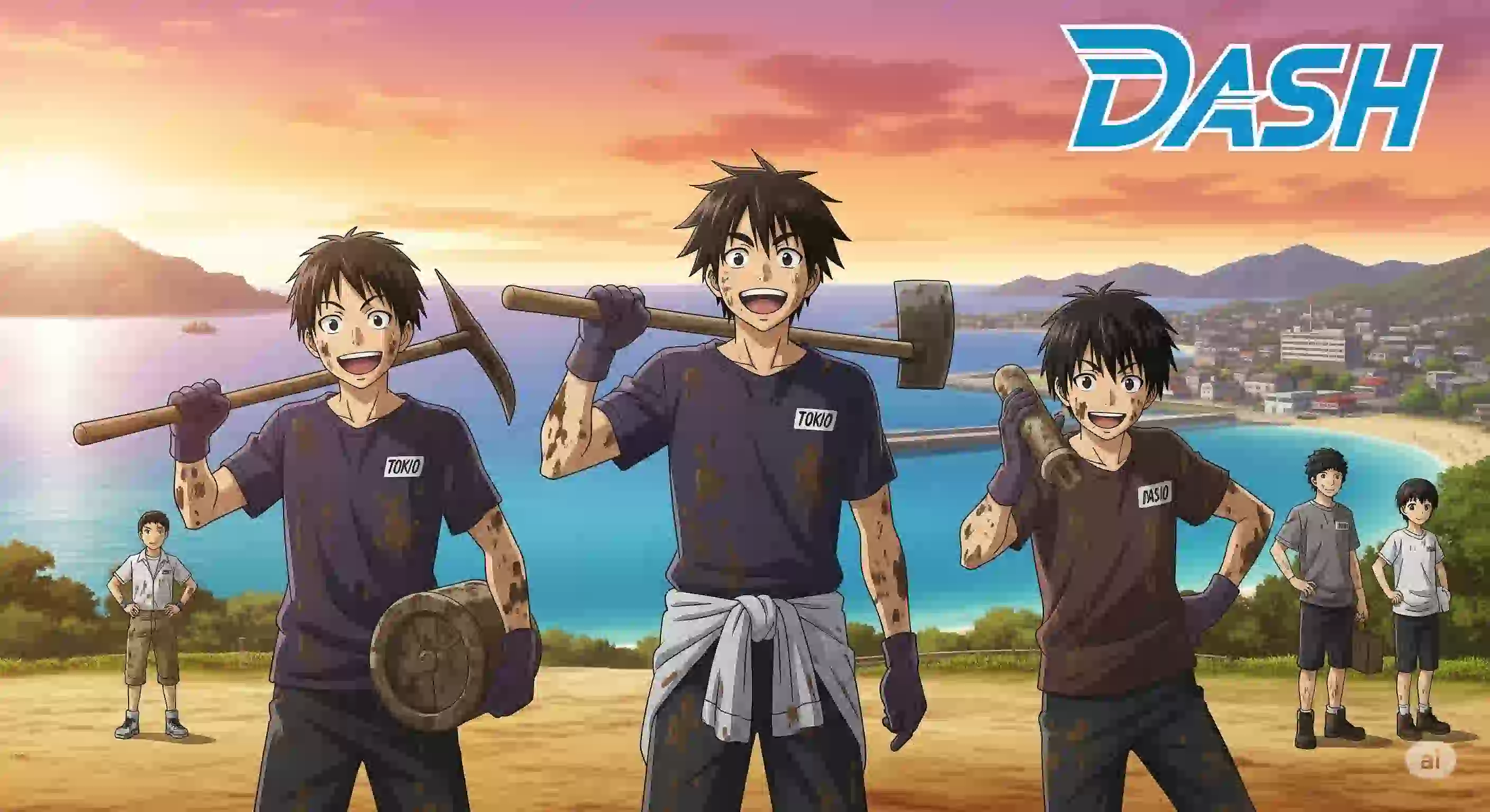「ザ!鉄腕!DASH!!」の過去と現在を表すアニメ風イラスト。夕焼けのDASH島を背景に、TOKIOメンバーと新メンバーが共に汗を流し、笑顔で作業に取り組む姿が描かれている。