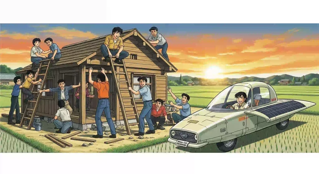 鉄腕DASHの伝説的な過去の企画、DASH村の建設とソーラーカーだん吉を懐かしく描いたアニメ風イラスト。