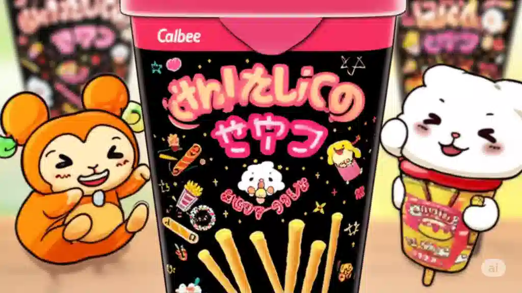 アニメ風イラスト。中央に大きく描かれた「じゃがりこ 細いやつ サラダ」のちいかわコラボパッケージ。背景は黒で、ちいかわ、ハチワレ、うさぎのキャラクターや、じゃがりこ、ポテトなどのアイコンがポップに配置されている。手前にはちいかわとハチワレの全身イラストが笑顔で描かれている。