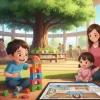 ジュノパークのシンボルツリーの下で、小学生の男の子が積み木でタワーを作り、幼児の女の子がタブレットでお部屋のデザインをしている。その創造的な遊びを両親が笑顔で見守っている、温かいピクサー風のイラスト。
