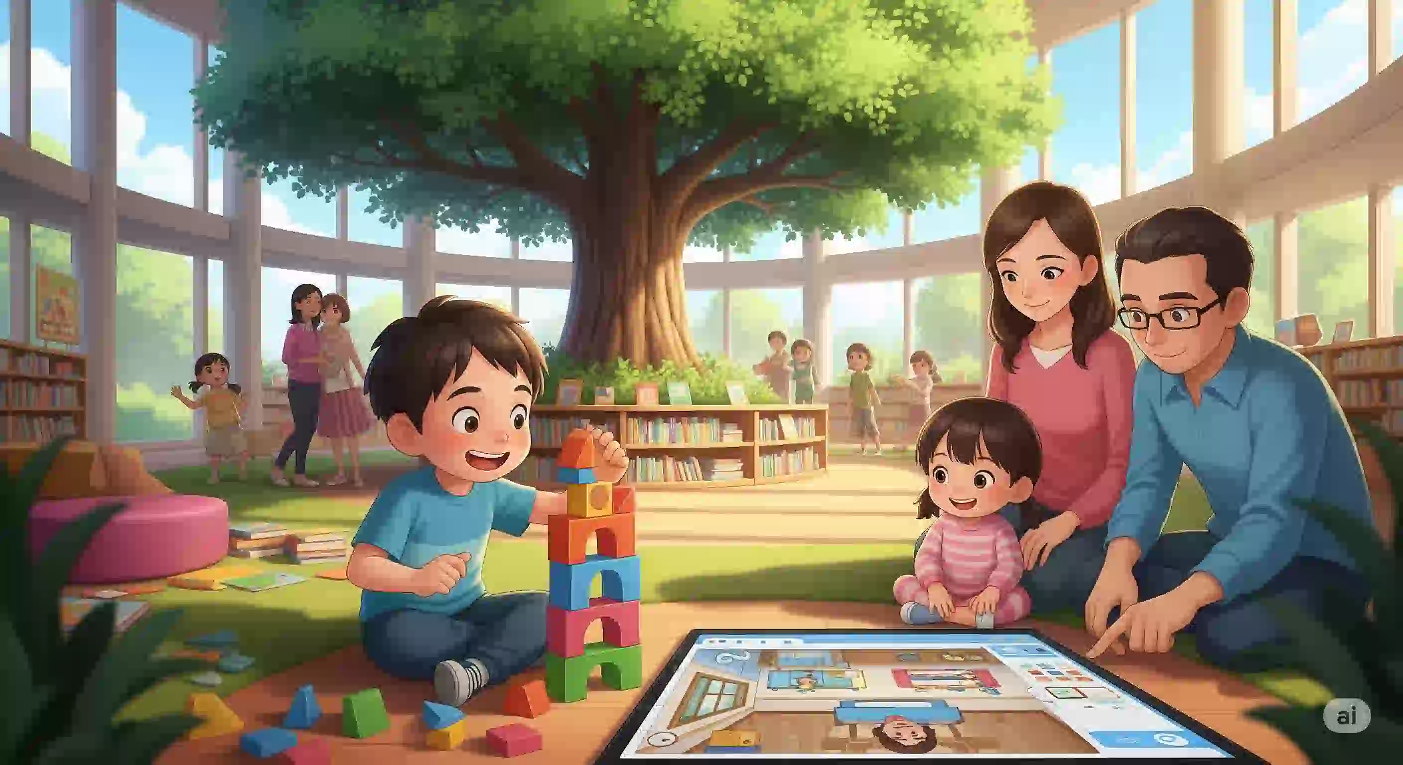 ジュノパークのシンボルツリーの下で、小学生の男の子が積み木でタワーを作り、幼児の女の子がタブレットでお部屋のデザインをしている。その創造的な遊びを両親が笑顔で見守っている、温かいピクサー風のイラスト。