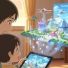 リビングで親子がタブレット端末を使い、バーチャル万博を楽しんでいるアニメ風のイラスト。画面からは、空に浮かぶ未来的な万博会場とアバターが飛び出しており、子どもの知的な冒険を象徴している。