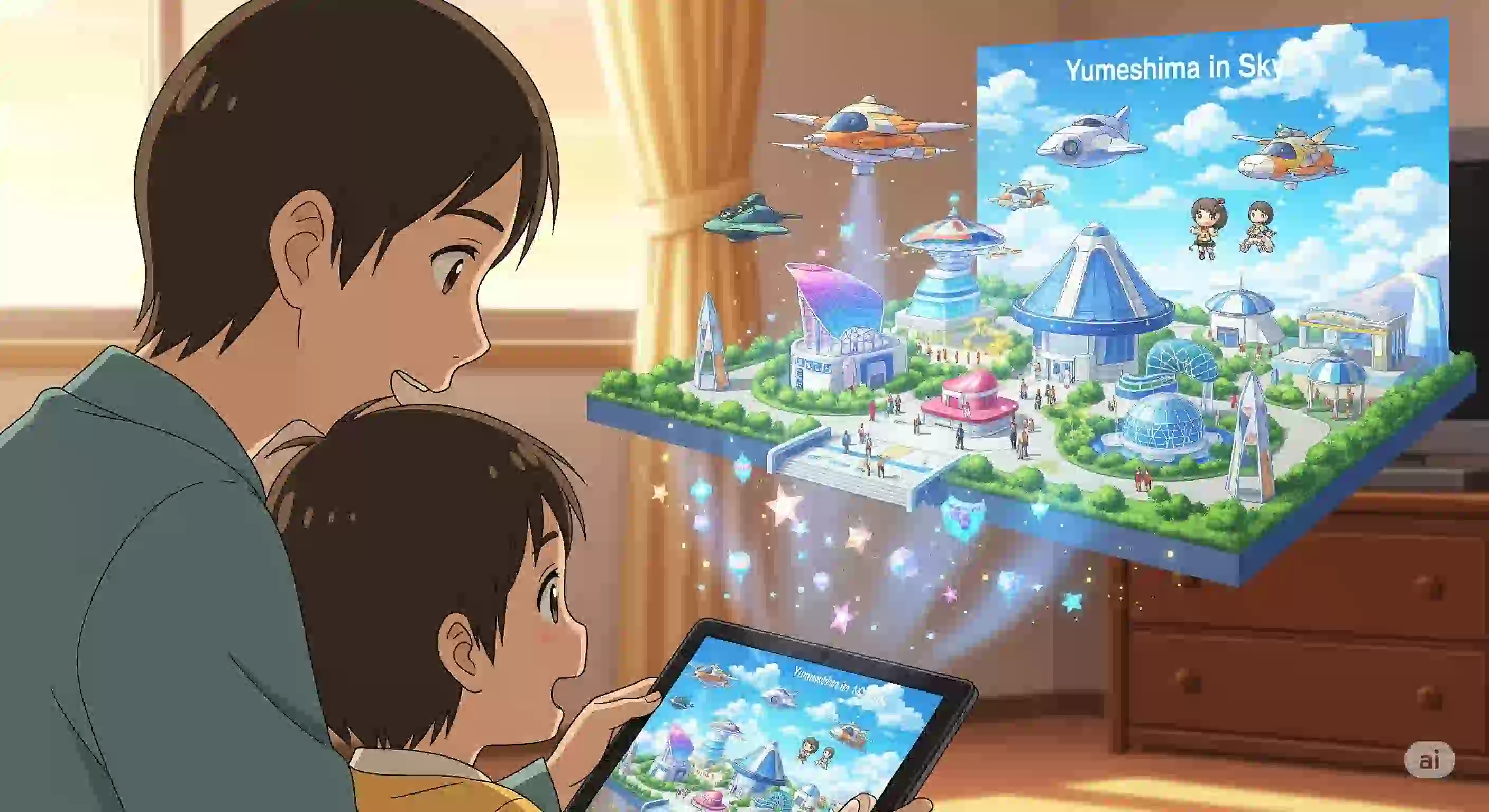 リビングで親子がタブレット端末を使い、バーチャル万博を楽しんでいるアニメ風のイラスト。画面からは、空に浮かぶ未来的な万博会場とアバターが飛び出しており、子どもの知的な冒険を象徴している。