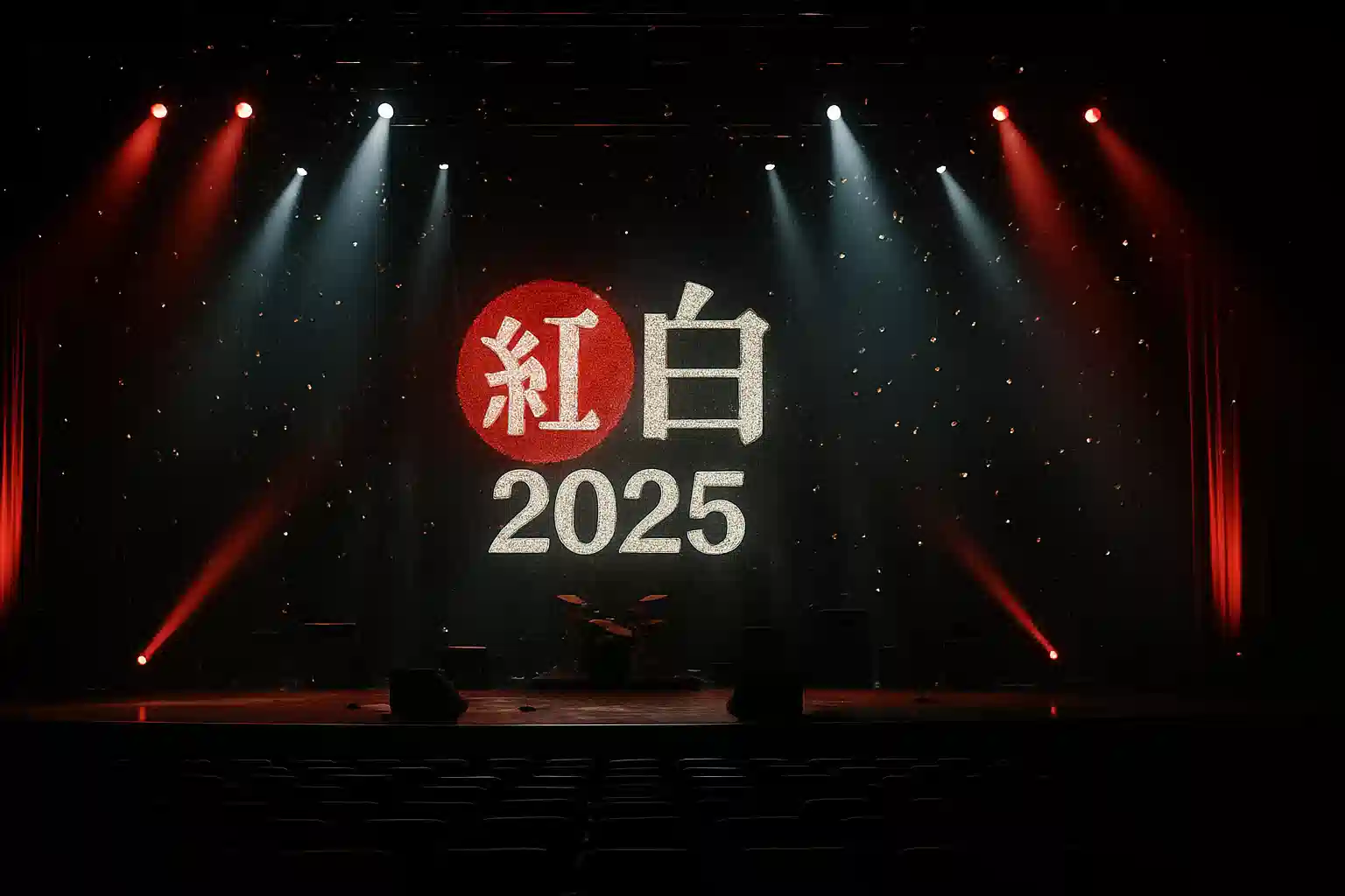 2025年の紅白歌合戦の開幕を待つ、スポットライトに照らされた豪華で誰もいないステージ。発表への期待感を象徴している。