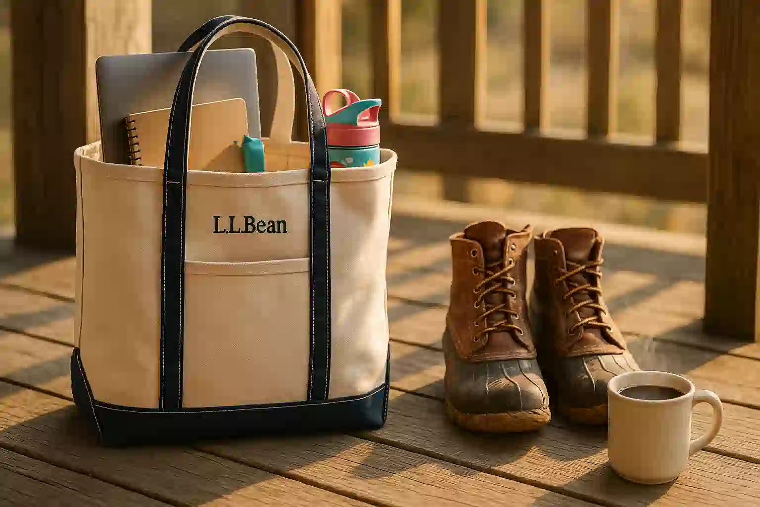 温かみのある光の中、仕事道具と子供の水筒が入ったL.L.Beanのトートバッグが置かれ、その実用性を示している。